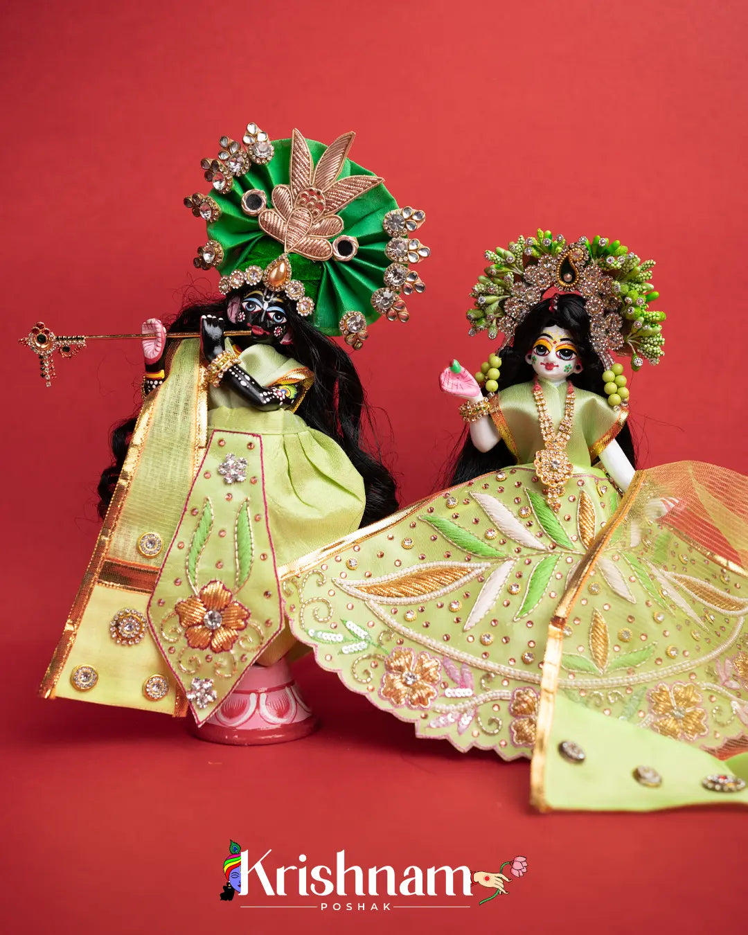 Exquisite Handmade Green Radha Krishna Dress - Crafted with Love in Kolkata" (Dress Only) (Pagdi Not Included) - Krishnam Poshak