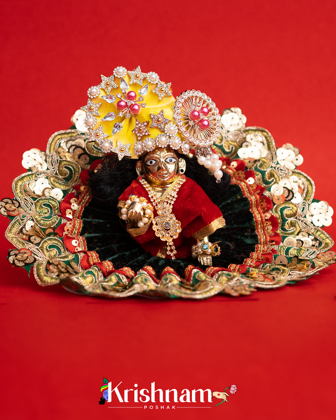 Velvet Green Dress with Gota Patti Border Laddu Gopal (Pagdi Not Included)