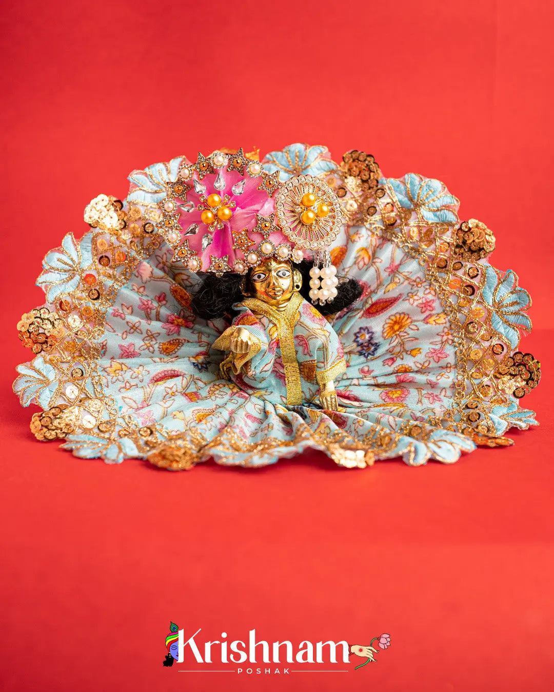 Sky Blue Floral Dress For Laddu Gopal (Without Pagdi ) - Krishnam Poshak