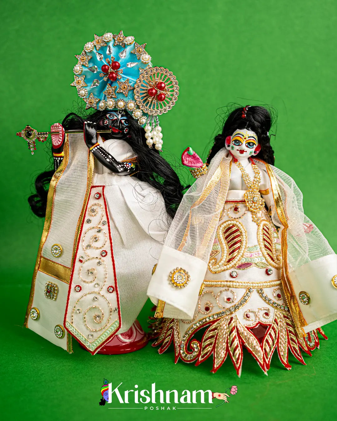 "Exquisite Handmade White Radha Krishna Dress - Crafted with Love in Kolkata" (Dress Only) (Pagdi Not Included) - Krishnam Poshak