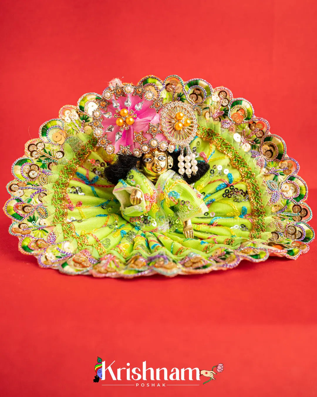 Net Green Dress With Thread work For Laddu Gopal (Without Pagdi ) - Krishnam Poshak