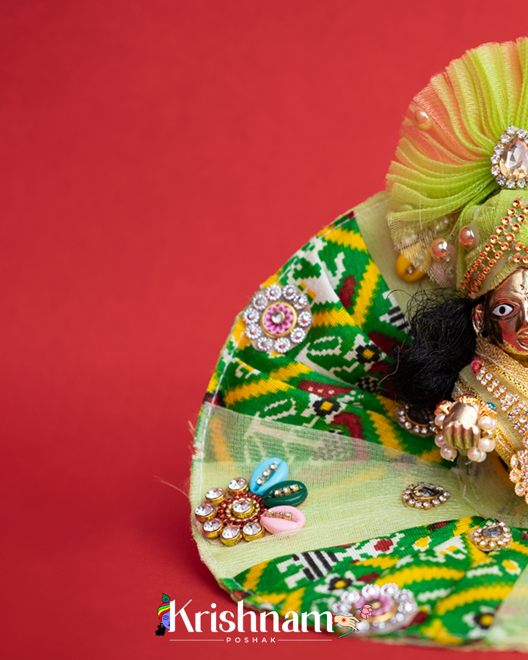Green Net Bandhej Dress for Laddu Gopal (Pagdi Included)