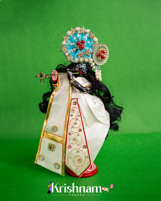 "Exquisite Handmade White Radha Krishna Dress - Crafted with Love in Kolkata" (Dress Only) (Pagdi Not Included) - Krishnam Poshak