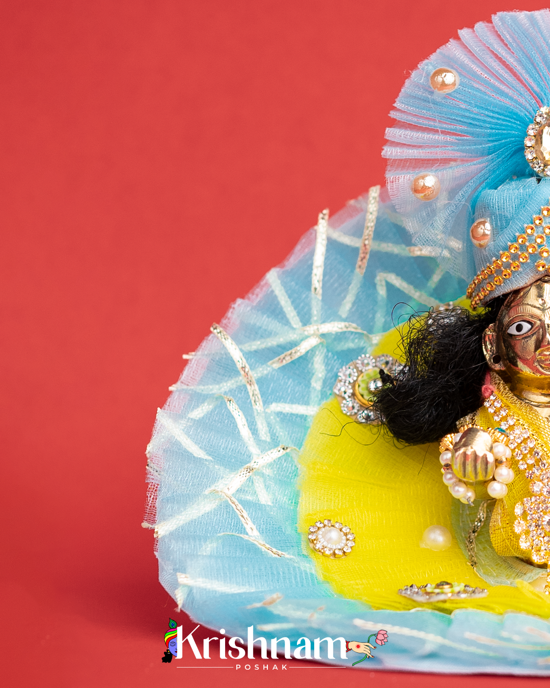 Sky Blue & Yellow Net Dress for Laddu Gopal (Pagdi Included)