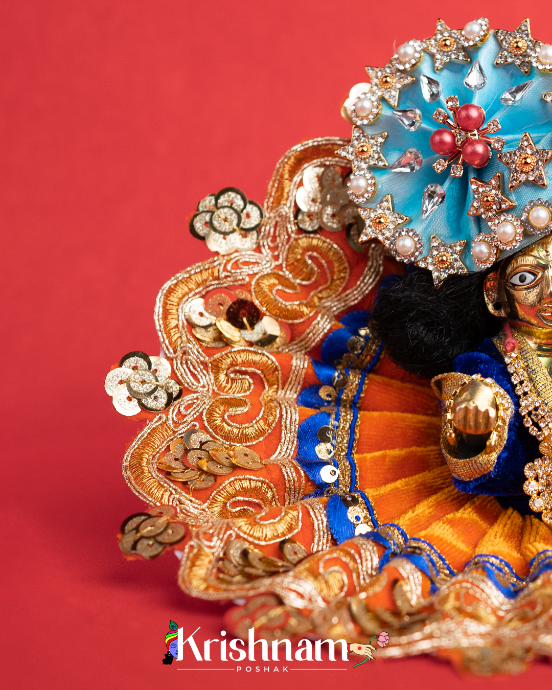 Velvet Orange Dress with Gota Patti Border Laddu Gopal (Pagdi Not Included)