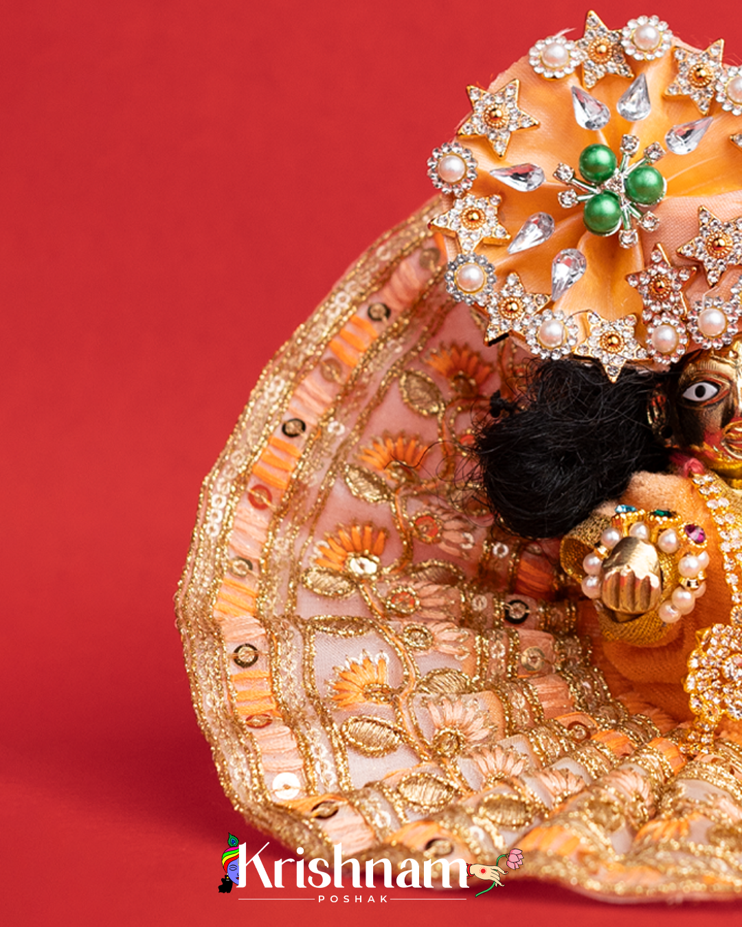 Velvet Peach Dress with Gota Patti Border Laddu Gopal (Pagdi Not Included)