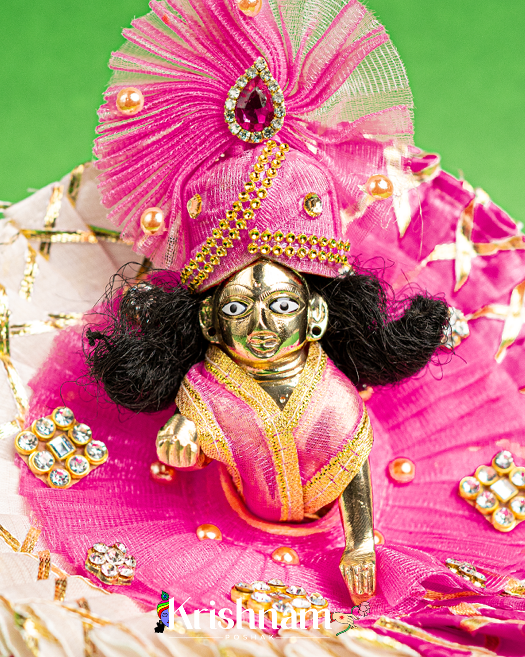 White & Pink Kota Doria Silk Dress for Laddu Gopal (Pagdi Included)