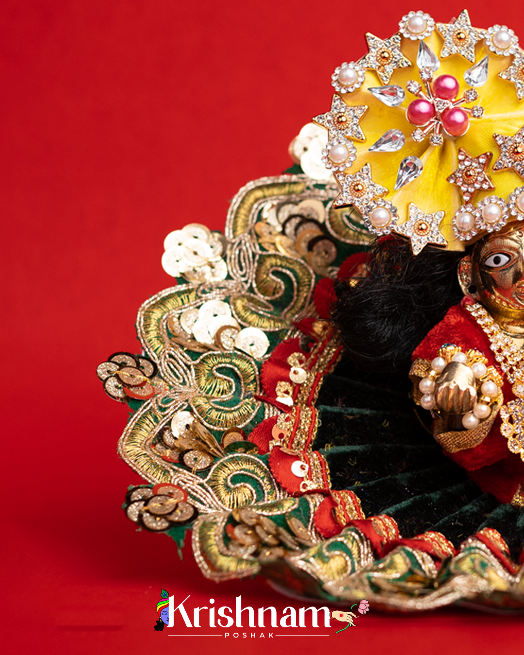 Velvet Green Dress with Gota Patti Border Laddu Gopal (Pagdi Not Included)