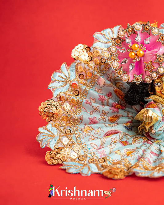 Sky Blue Floral Dress For Laddu Gopal (Without Pagdi ) - Krishnam Poshak