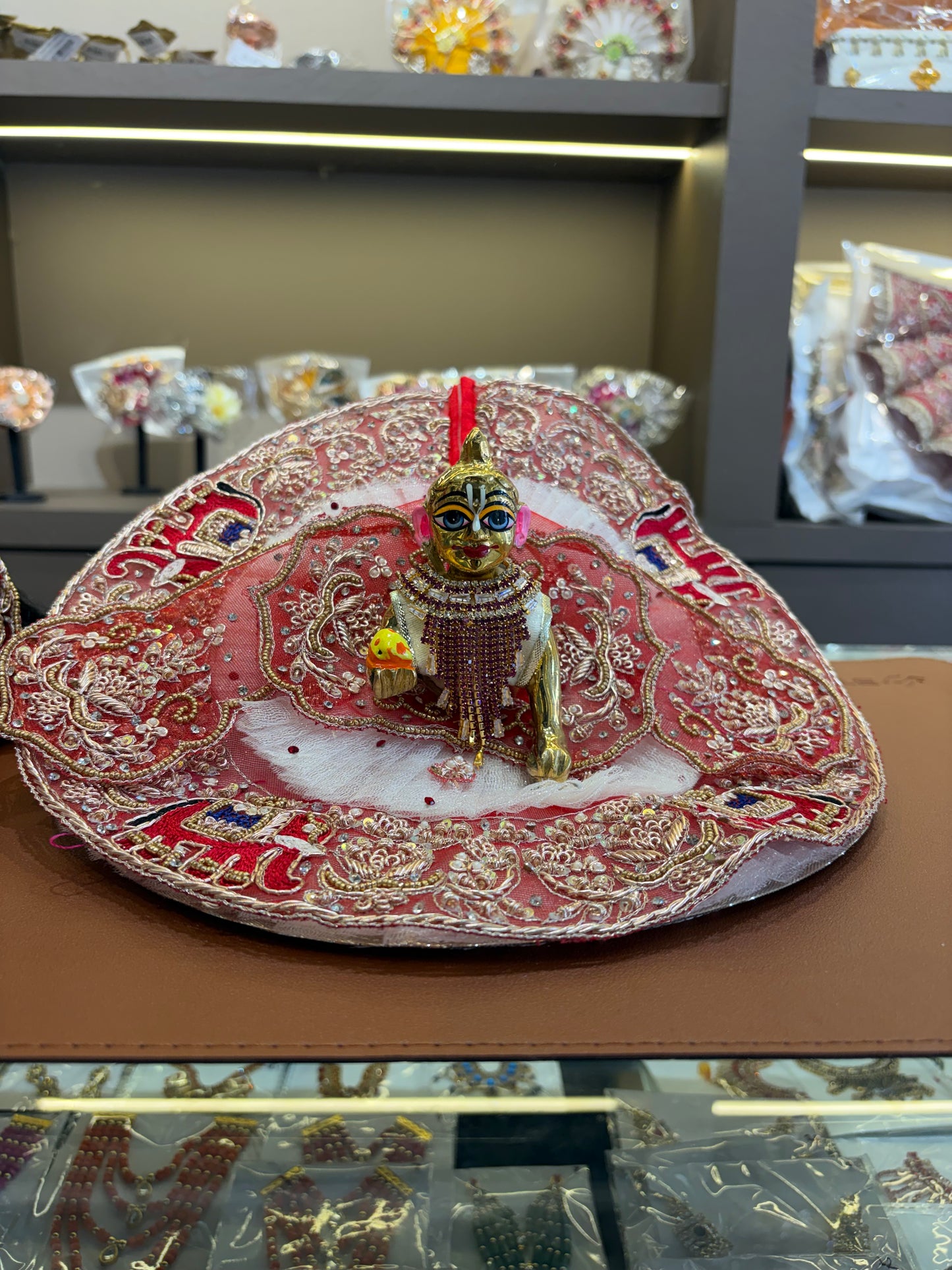 Red White Elephant Heavy Lace Dress for Laddu Gopal