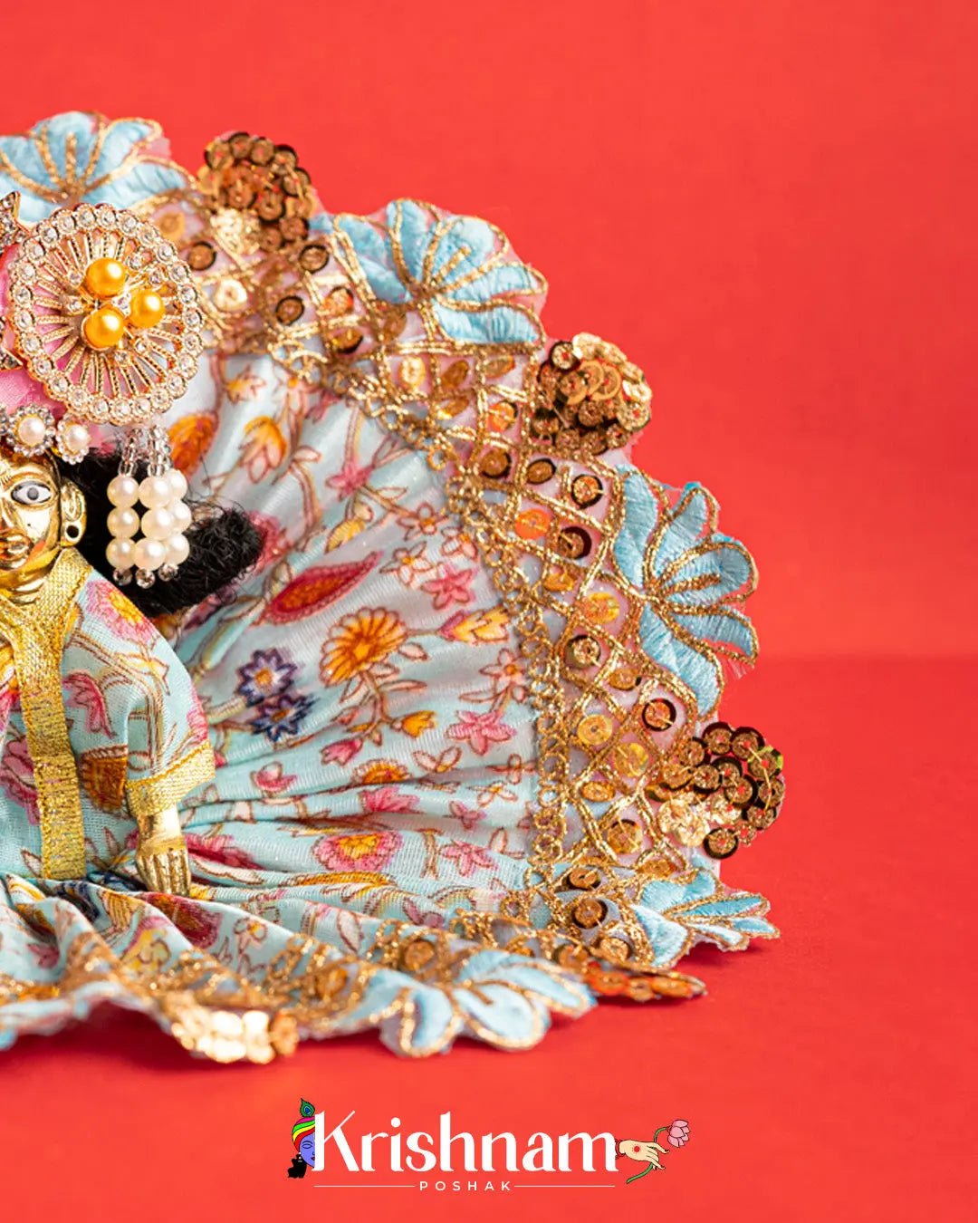 Sky Blue Floral Dress For Laddu Gopal (Without Pagdi ) - Krishnam Poshak