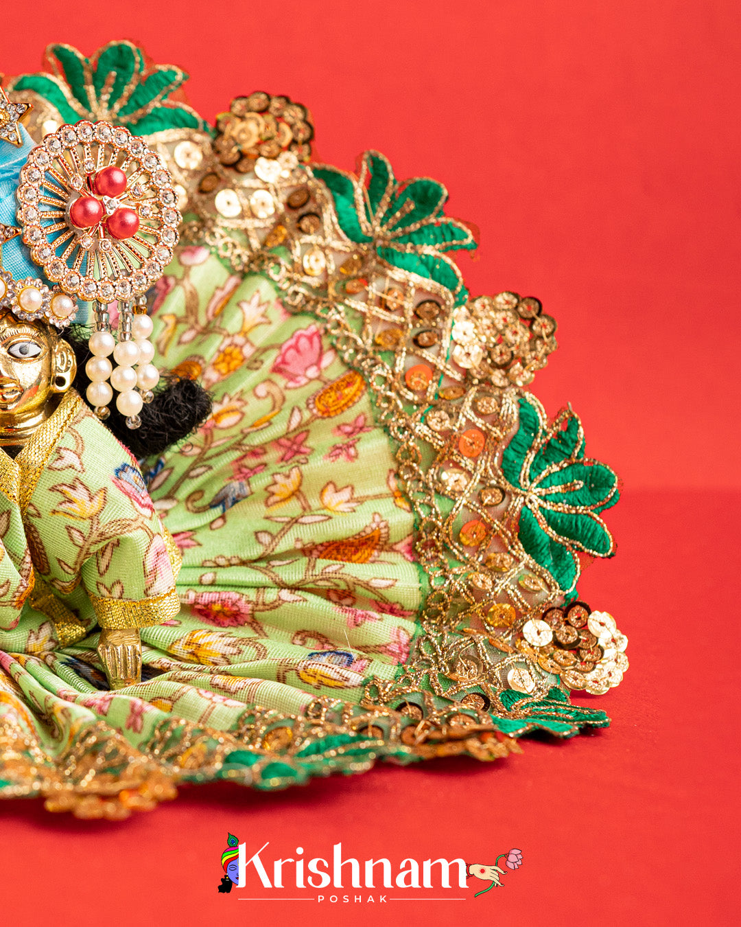 Green Floral Dress For Laddu Gopal (Without Pagdi )