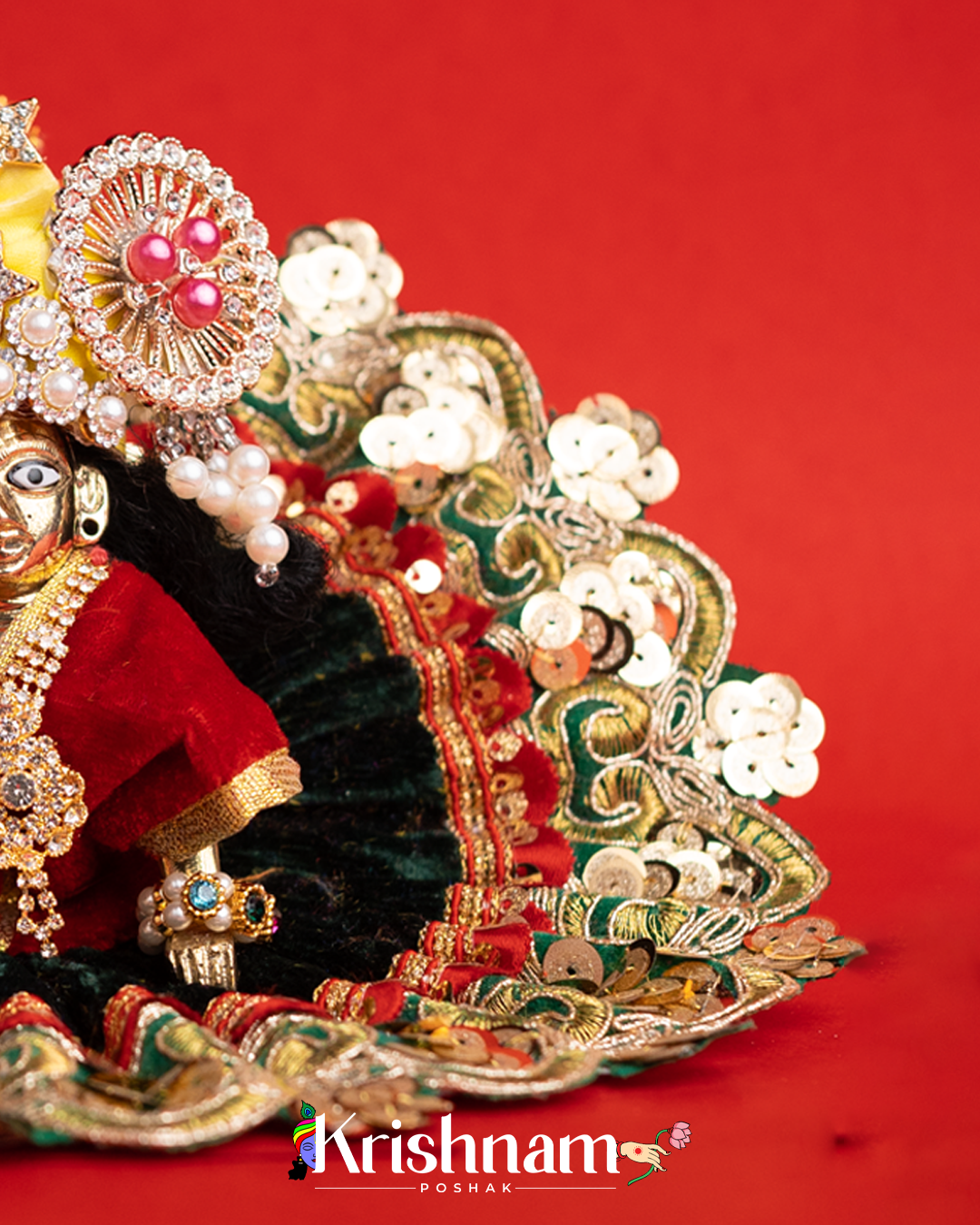 Velvet Green Dress with Gota Patti Border Laddu Gopal (Pagdi Not Included)