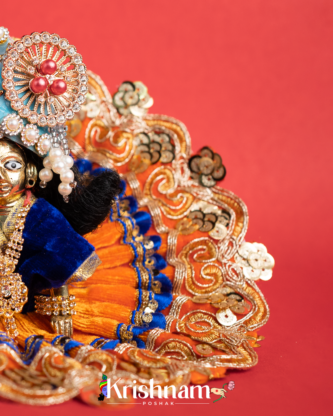 Velvet Orange Dress with Gota Patti Border Laddu Gopal (Pagdi Not Included)