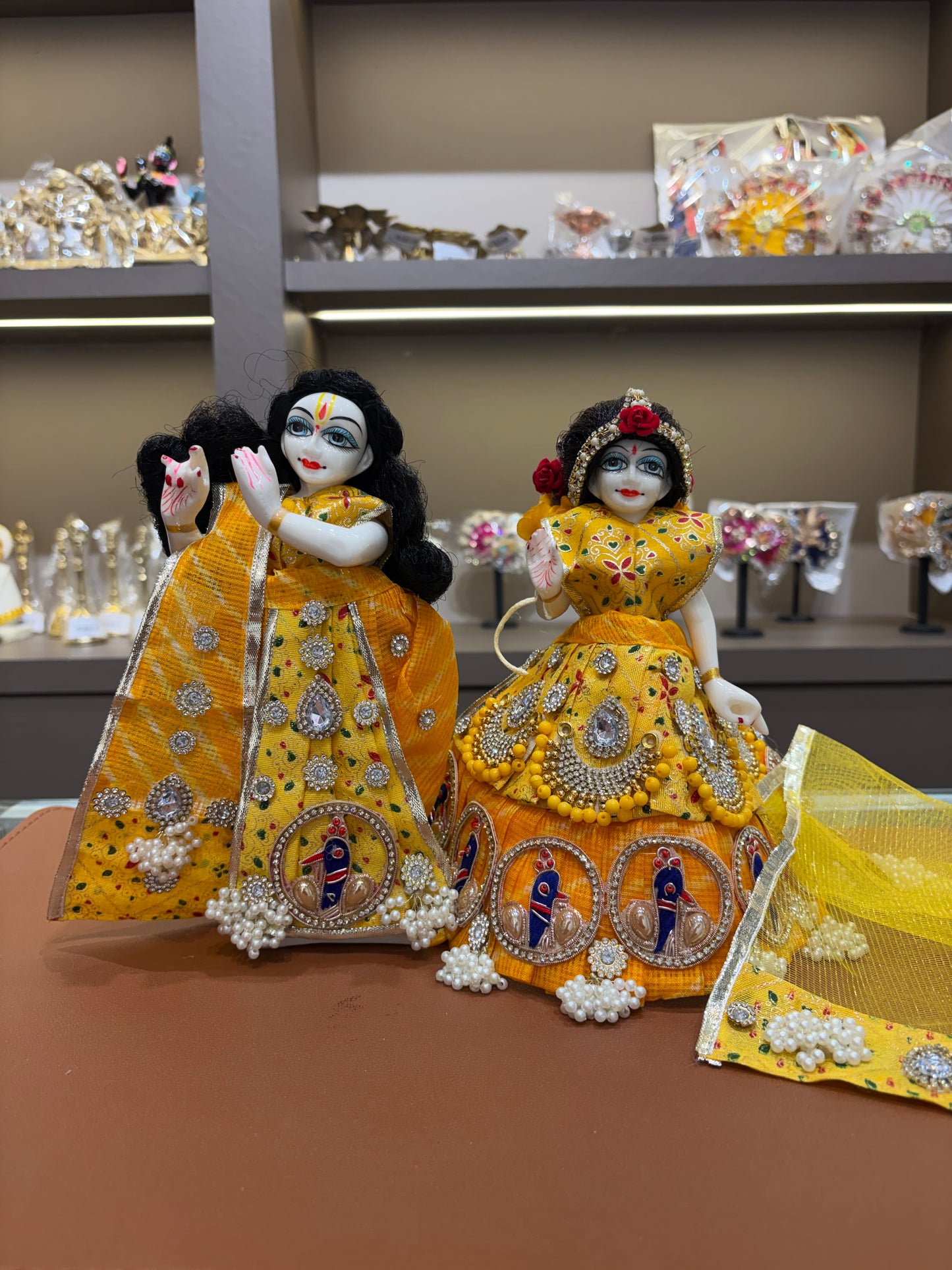 Yellow Peacock Heavy Lace Dress for Radha Krishna