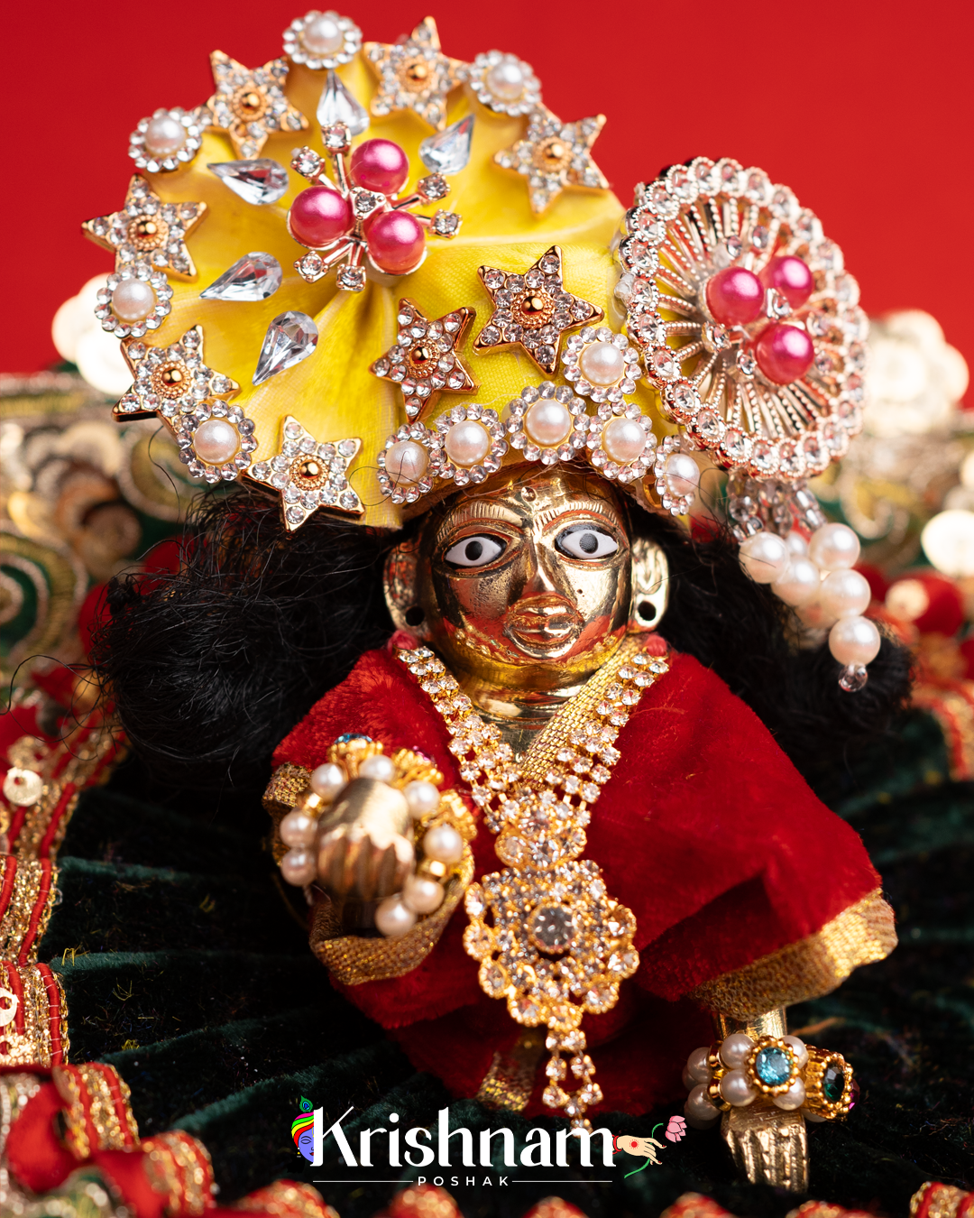 Velvet Green Dress with Gota Patti Border Laddu Gopal (Pagdi Not Included)
