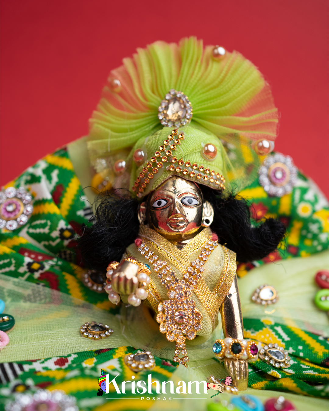 Green Net Bandhej Dress for Laddu Gopal (Pagdi Included)