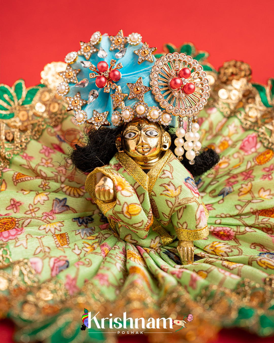 Green Floral Dress For Laddu Gopal (Without Pagdi )