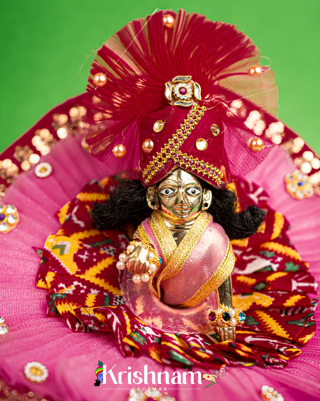 Pink Net Bandhej Dress for Laddu Gopal (Pagdi Included)