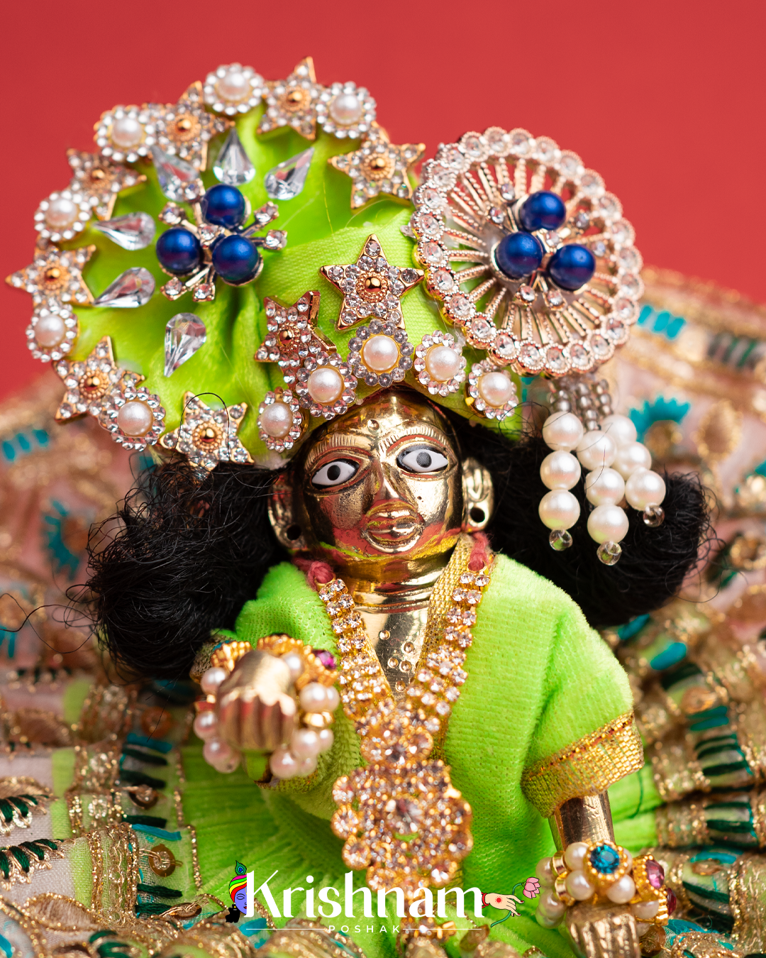Velvet Green Dress with Gota Border Laddu Gopal (Pagdi Not Included)