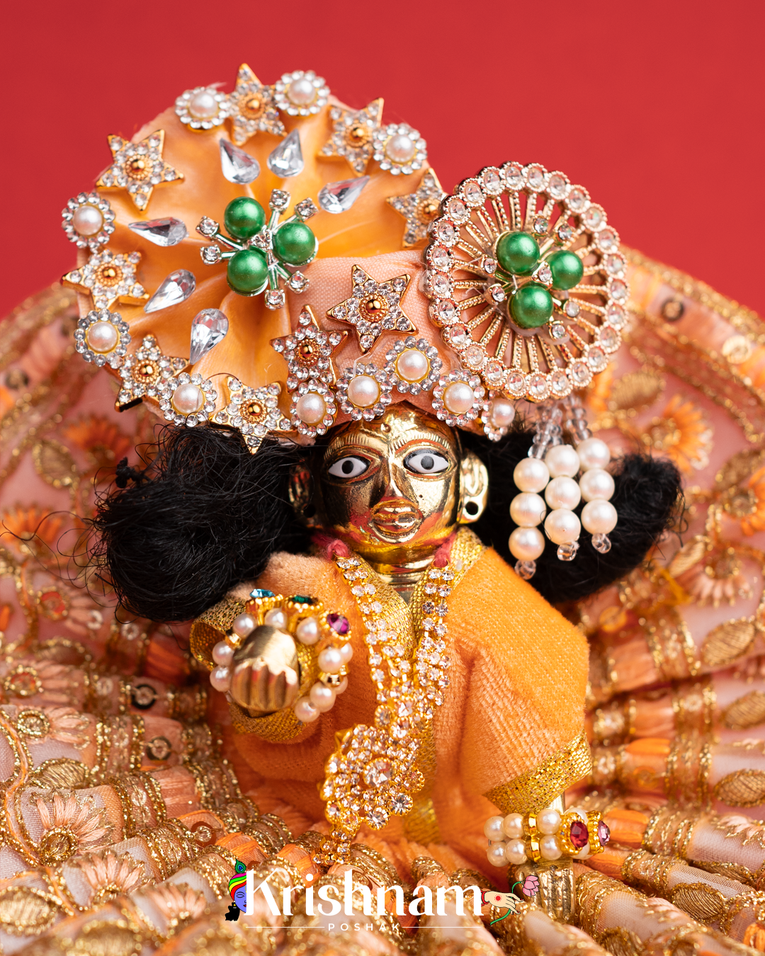 Velvet Peach Dress with Gota Patti Border Laddu Gopal (Pagdi Not Included)