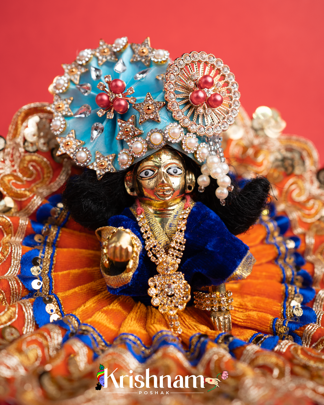 Velvet Orange Dress with Gota Patti Border Laddu Gopal (Pagdi Not Included)
