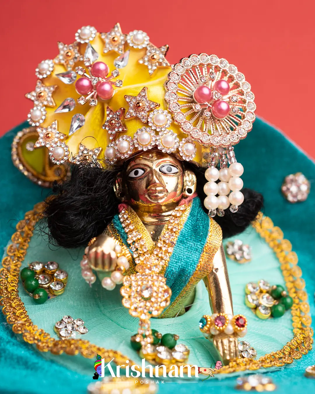 Green Net & Velvet Dress for Laddu Gopal (Pagdi Not Included) - Krishnam Poshak