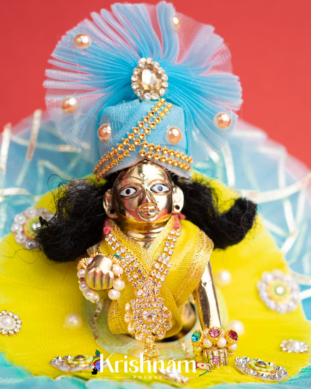 Sky Blue & Yellow Net Dress for Laddu Gopal (Pagdi Included)