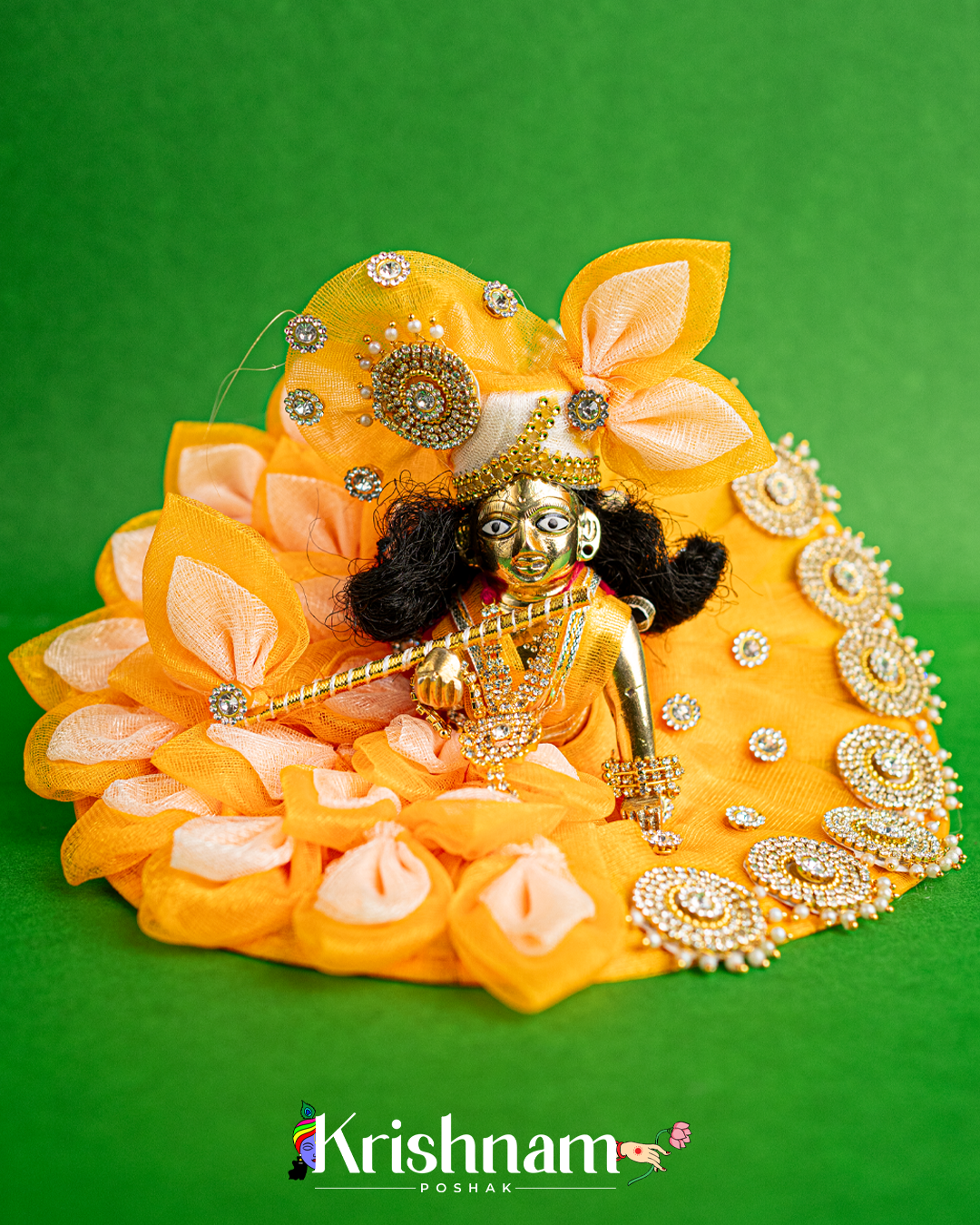 Orange Floral Net Dress for Laddu Gopal (Pagdi & Bansuri Included)