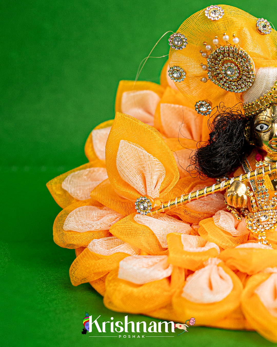 Orange Floral Net Dress for Laddu Gopal (Pagdi & Bansuri Included)