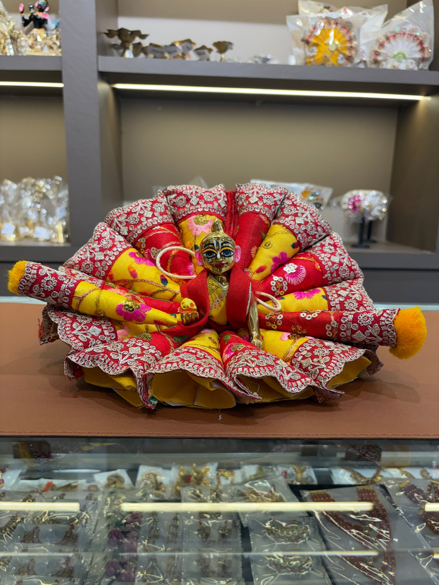 Kali Pattern Red Yellow Heavy Lace Dress for Laddu Gopal