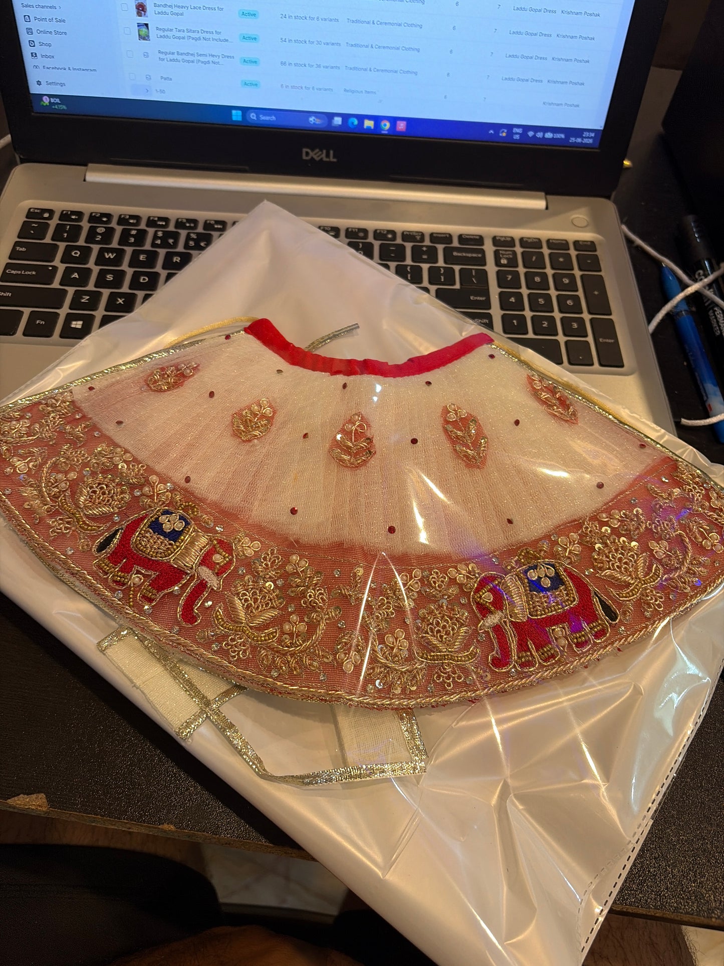Red White Elephant Heavy Lace Dress for Radha Krishna