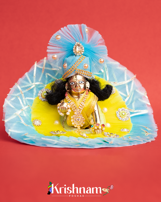 Sky Blue & Yellow Net Dress for Laddu Gopal (Pagdi Included)