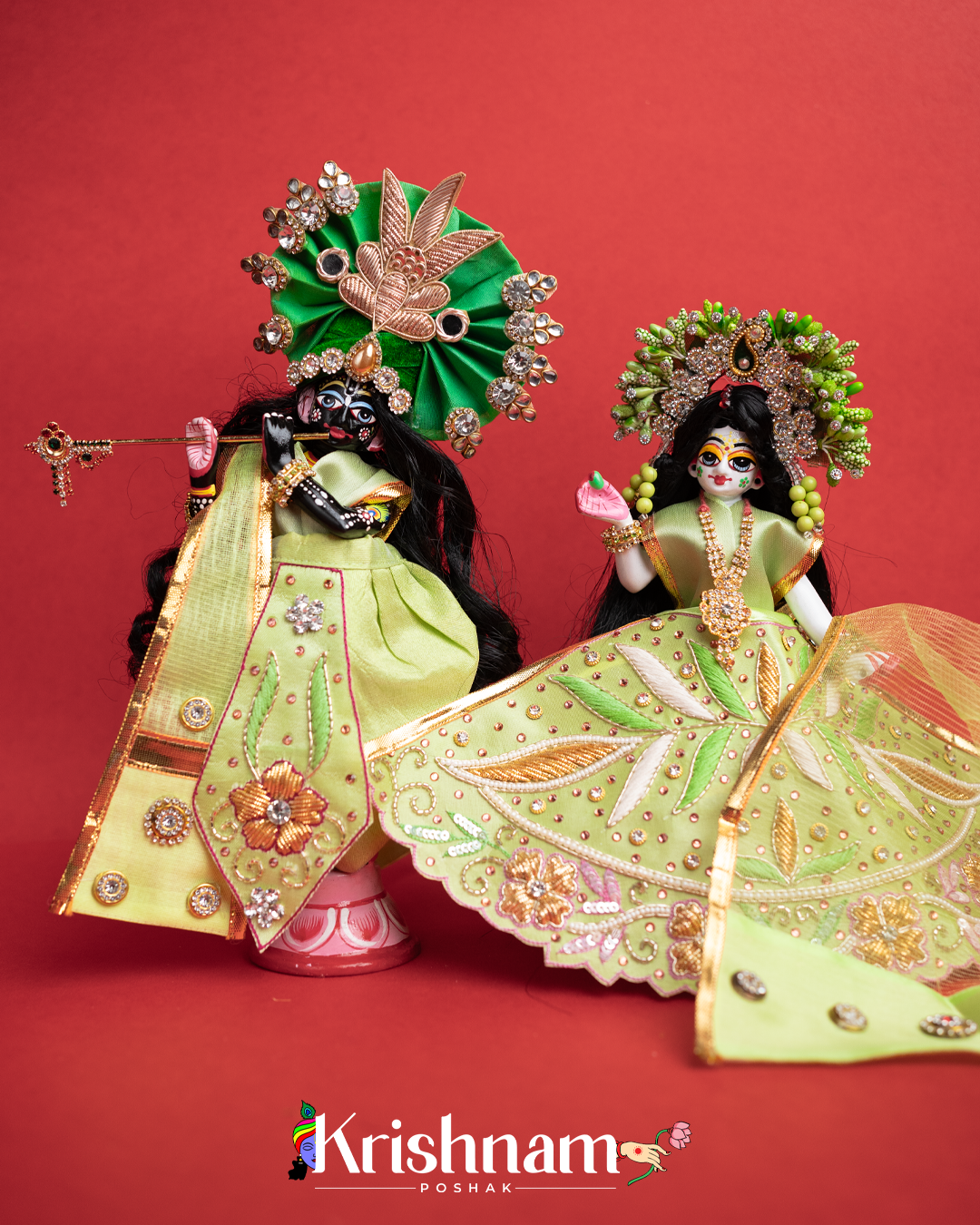 Exquisite Handmade Green Radha Krishna Dress - Crafted with Love in Kolkata" (Dress Only) (Pagdi Not Included)