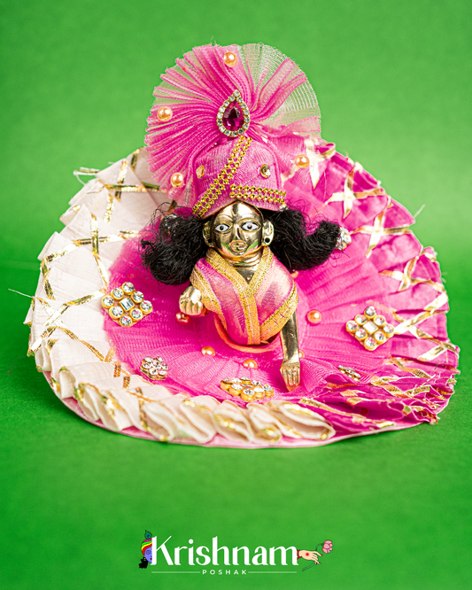 White & Pink Kota Doria Silk Dress for Laddu Gopal (Pagdi Included)