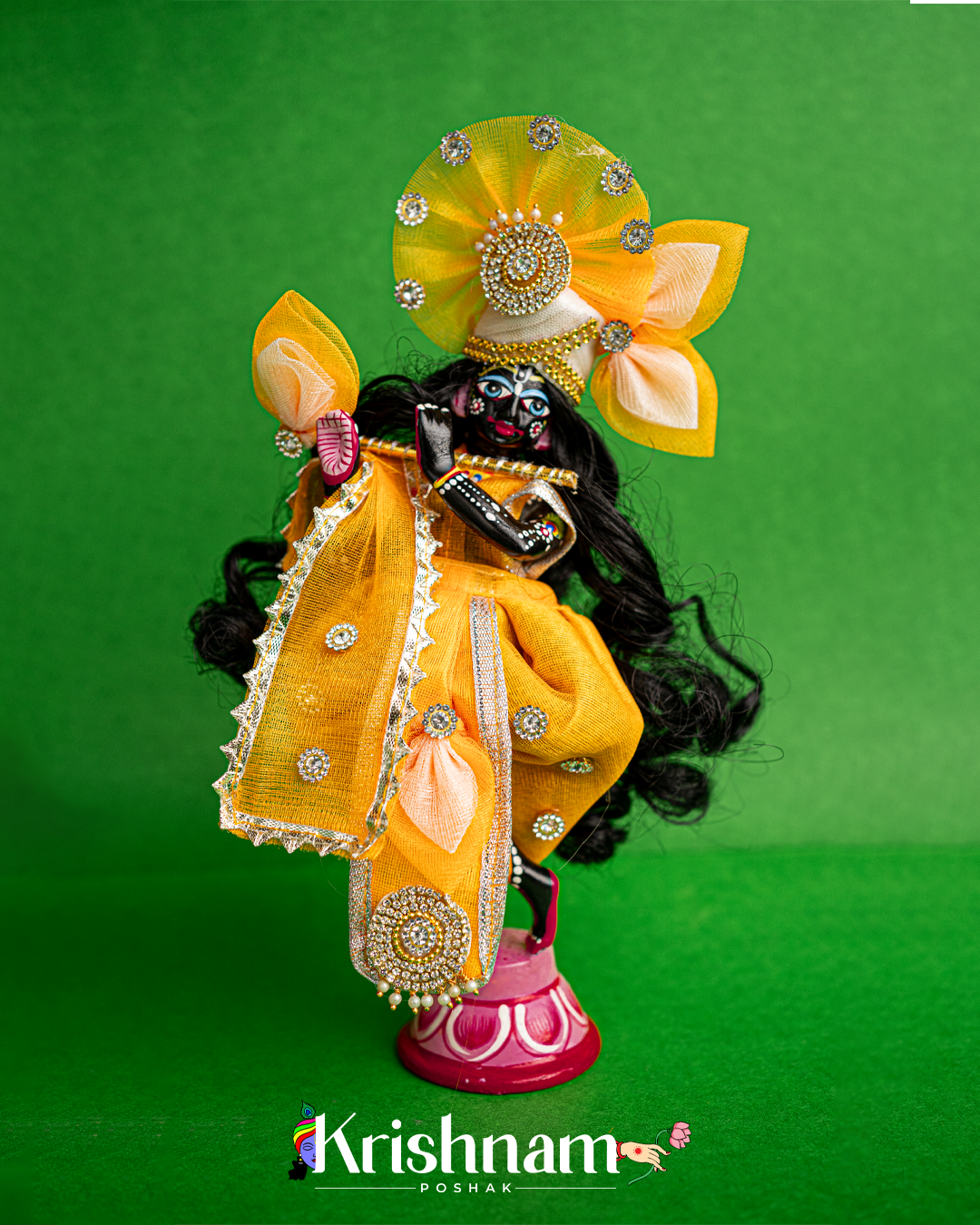 "Orange Flower Pattern Radha Krishna Dress - Crafted with Love in Rajasthan" (Dress Only) (Pagdi & Bansuri Included)