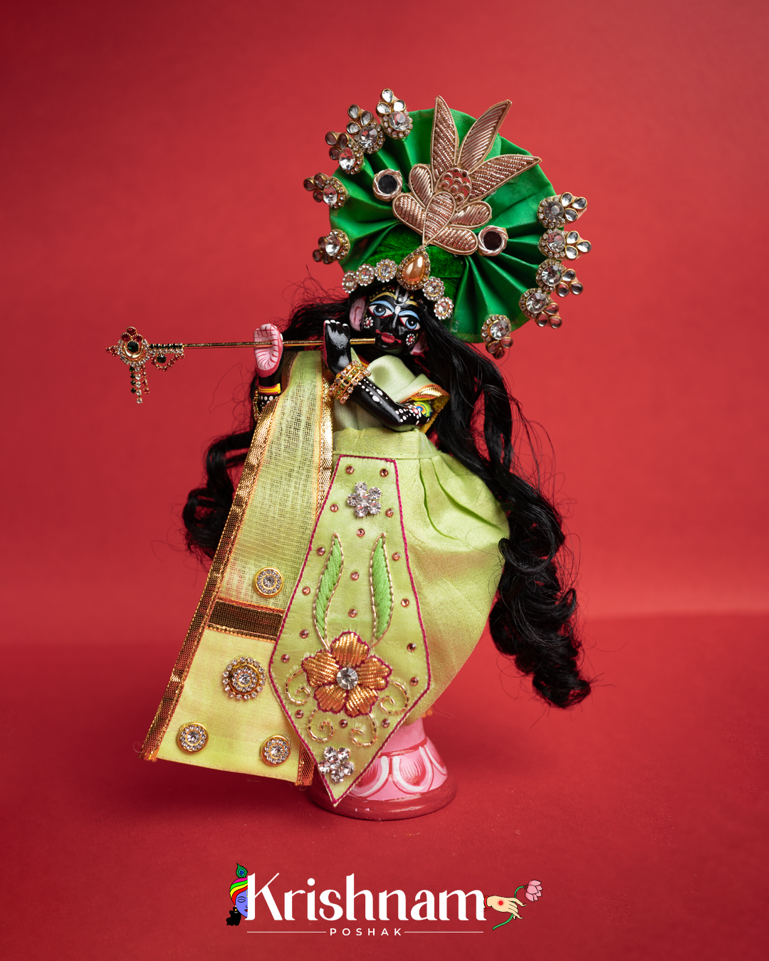 Exquisite Handmade Green Radha Krishna Dress - Crafted with Love in Kolkata" (Dress Only) (Pagdi Not Included)