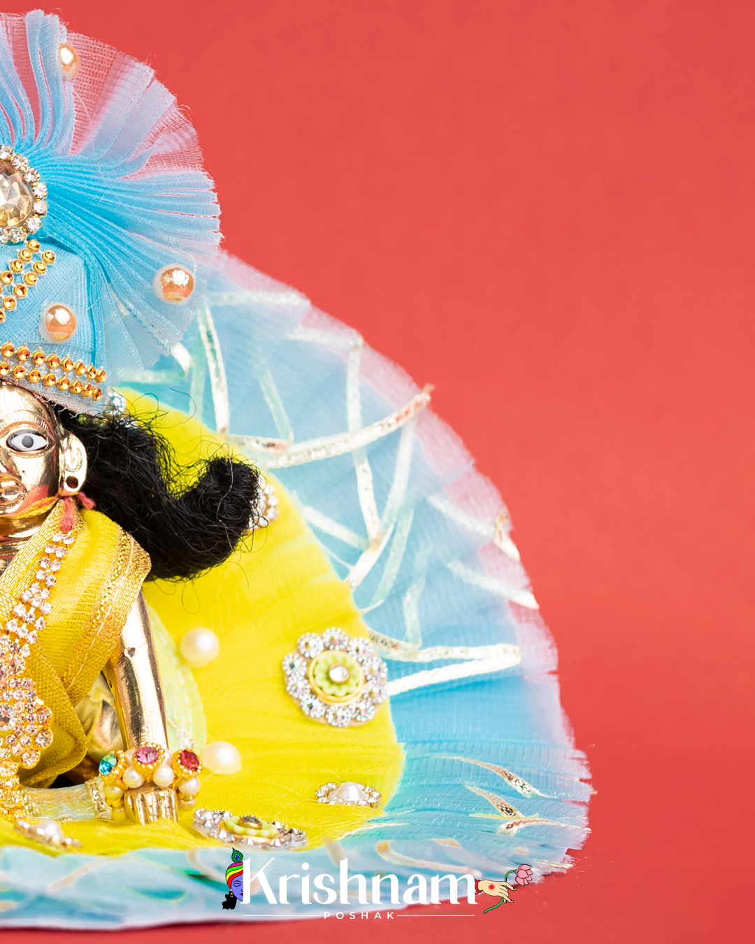 Sky Blue & Yellow Net Dress for Laddu Gopal (Pagdi Included)