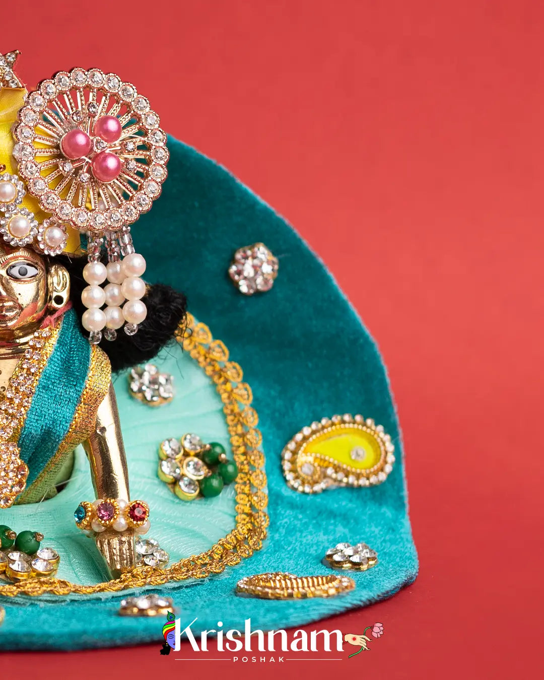 Green Net & Velvet Dress for Laddu Gopal (Pagdi Not Included) - Krishnam Poshak