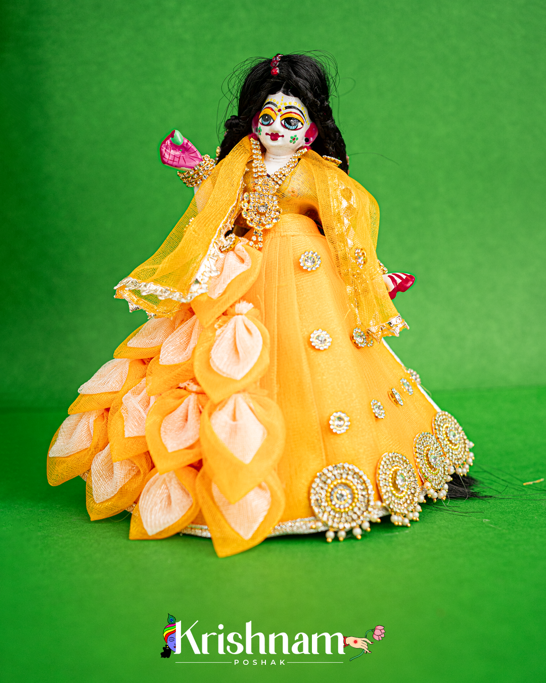 "Orange Flower Pattern Radha Krishna Dress - Crafted with Love in Rajasthan" (Dress Only) (Pagdi & Bansuri Included)