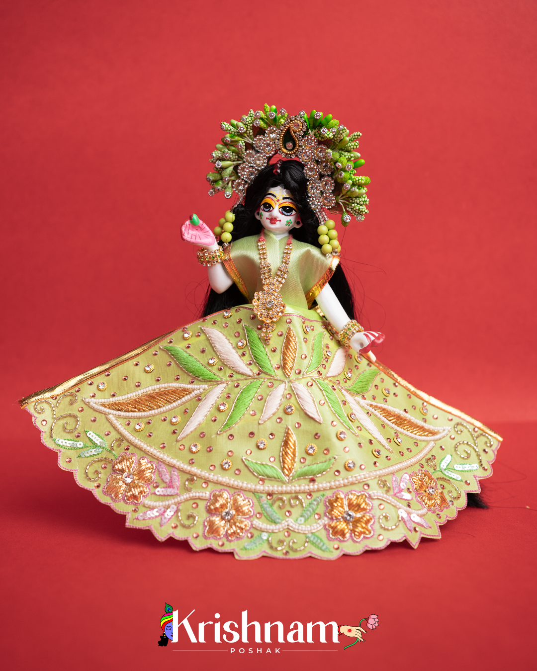 Exquisite Handmade Green Radha Krishna Dress - Crafted with Love in Kolkata" (Dress Only) (Pagdi Not Included)