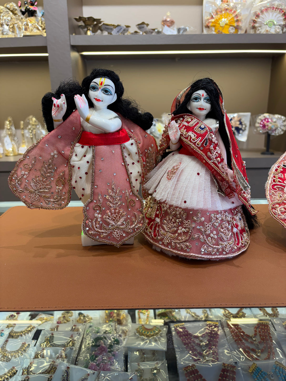 Red White Elephant Heavy Lace Dress for Radha Krishna